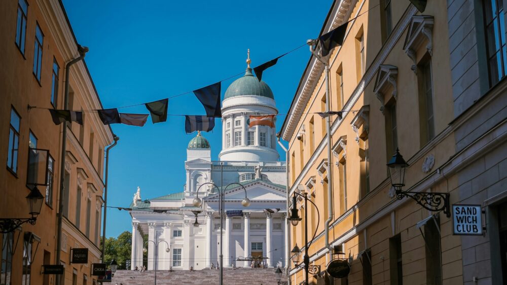 View through an alley in Helsinki with a view of the cathedral