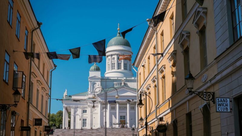 View through an alley in Helsinki with a view of the cathedral